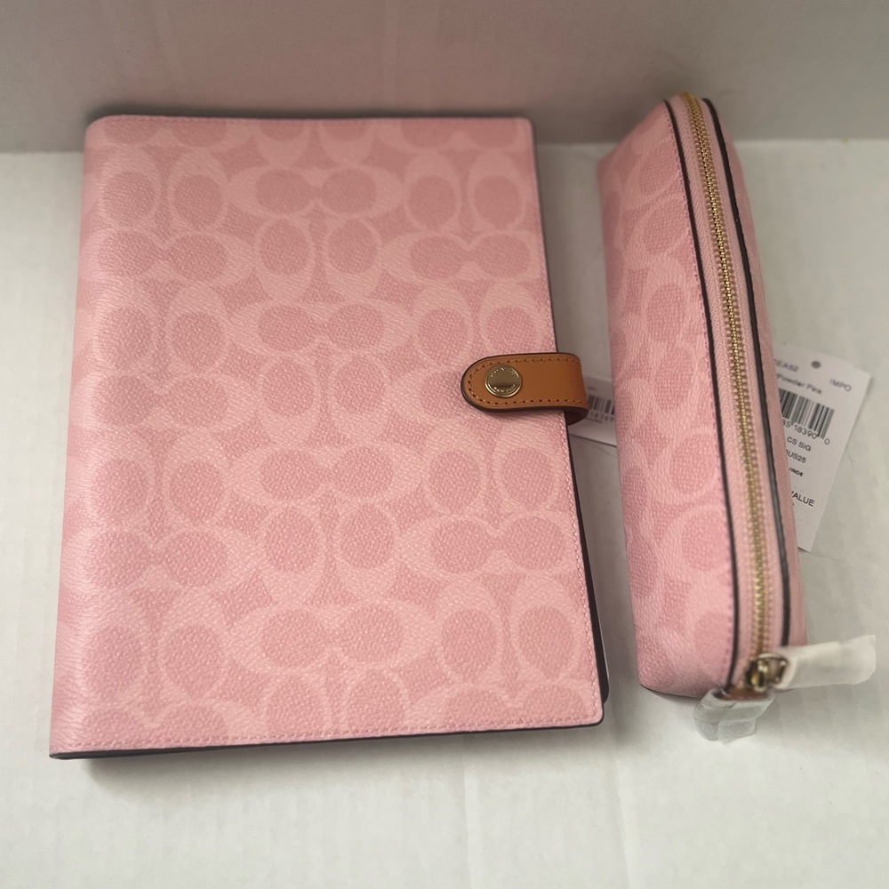 New Coach Notebook In Signature Canvas Gold/Powder Pink CEA49+pencil case CEA52